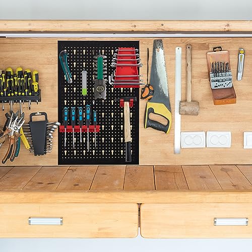 Relaxdays Werkzeugwand Metall, 25-teiliges Zubehör-Set, HxBxT: 60 x 118 x 2 cm, 3 Lochwände, Wandmontage, schwarz/rot