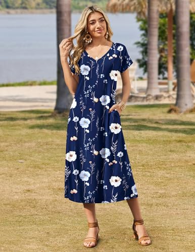 Image of Zeagoo Women Summer Floral Dress Short Sleeve Beach Dress with Pockets Casual V-Neck Split Long T-Shirt Dress Travel Vacation