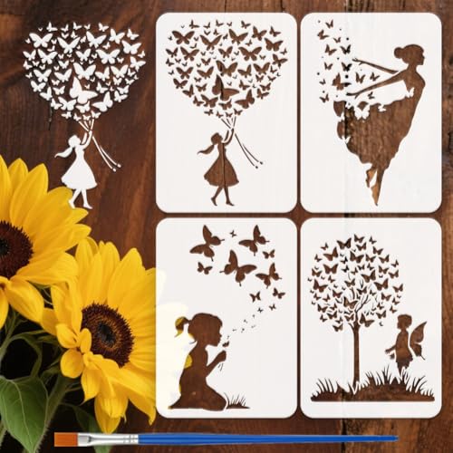 FINGERINSPIRE 4Pcs Pochoir de Peinture Personnes et Papillons Avec Pinceau en Plastique 21x29.7cm Modèle de Silhouette de Femme Pochoir Arbres Papillons Herbe...
