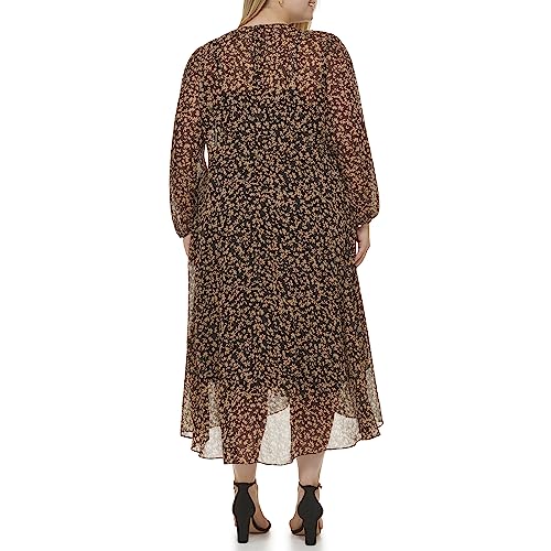 Image of Tommy Hilfiger Women's Long Sleeve Keyhole Neck Chiffon Hi-lo Midi Dress