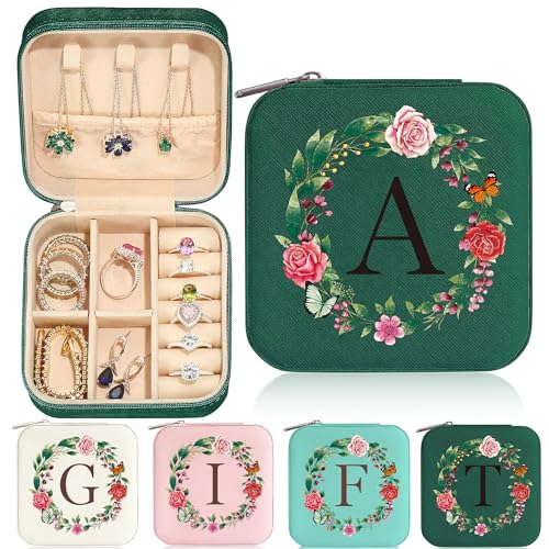 Parima Travel Jewelry Case - Small Initial Jewelry Holder Organizer | Green Travel Jewelry Box Women Girl | Earring Organizer | Birthday Personalized Gifts Idea | Travel Essential A
