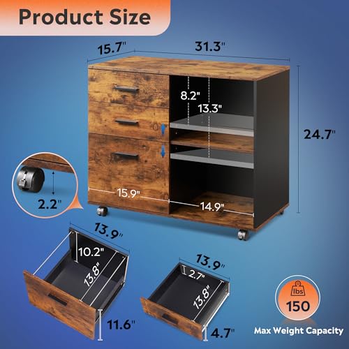 Image of DEVAISE 3-Drawer Mobile File Cabinet, Lateral Filing Cabinet, Rustic Brown | Wood, Rolling Printer Stand, Under Desk Storage, Open Shelves, Fits Letter & A4 File, Home Office