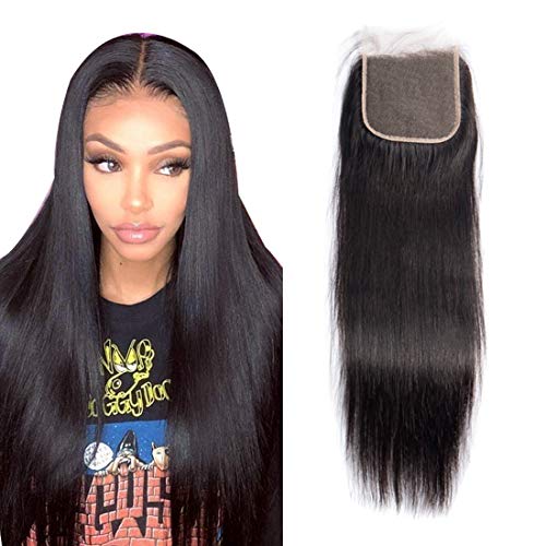 Ali Moda 4x4 Closure Brazilian Straight Lace Closure Unprocessed 100% Human Hair Free Part Soft And Silky Natural Hair Color Black (16inch)