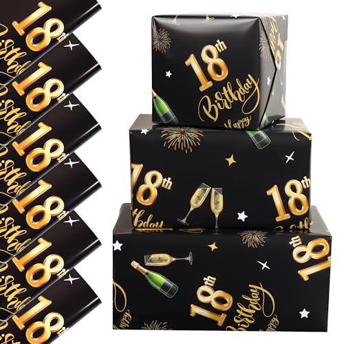 6 Sheets 18th Birthday Wrapping Paper 70x50cm Gold Black Recyclable Gift Wrap Paper for Boys Girls Birthday Decorations