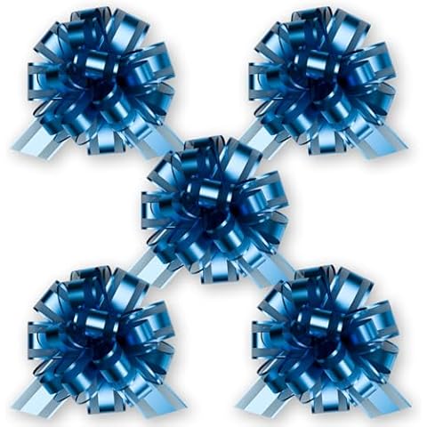 Insta Bows Five (5) Organza Ribbon Bows Blue Large Gift Bows for Gift Wrapping Christmas and Birthdays Each Gift Bow Measures 5 Inches Wide 1 Pull Makes A Big Bow for Present Cover