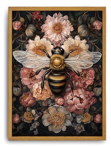 Framed Vintage Canvas Wall Art Dark College Bee Flower Paintings Wall Decor Nature Floral Botanical Pictures Prints for Living Room Bedroom 8x10in