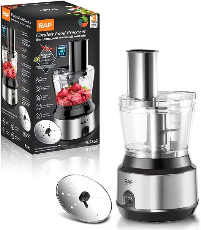 RAF R.2862 Cordless Food Processor with its retail packaging and a separate grating disc.