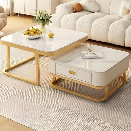 Funshelf Handmade Square Drawer Coffee Table with Marble Finish Top & Gold Metal Frame, Cocktail Sofa Table Living Room, Elegant Center Table Set of Apartment/Drawing Room (White & Gold) - Image 2