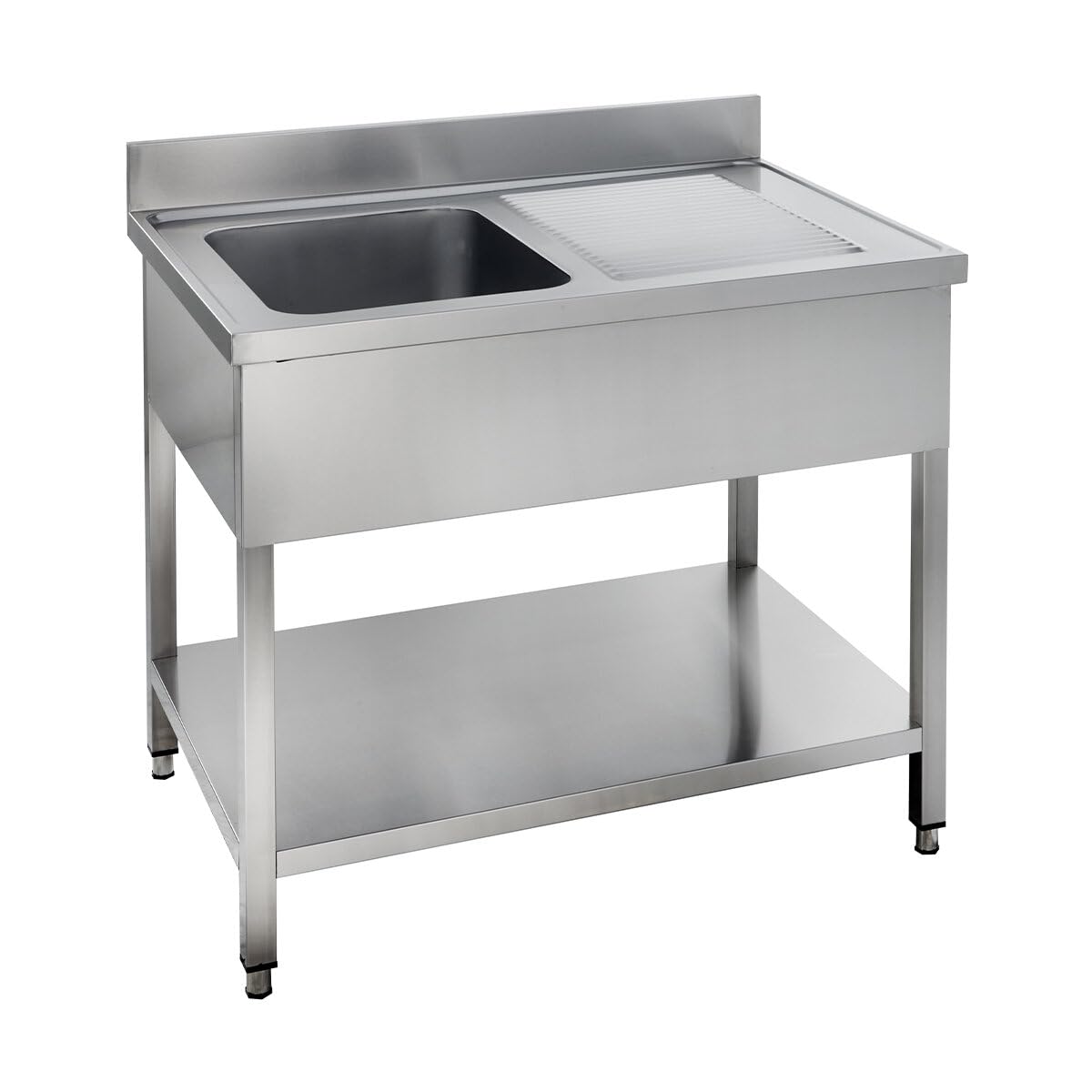 GastroHero Spültisch, Becken links, 120x70 cm, Edelstahl SPT-BASIC12X7L | Abtropffläche rechts, mit Grundboden, 100 mm Aufkantung, 1 Becken, nach Hygiene- und Sicherheitsrichtlinien produziert
