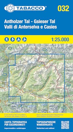  Valli di Anterselva e Casies. Carta topografica in scala 1:25.000, antistrappo, impermeabile, fotodegradabile. Ediz. italiana, inglese, francese e tedesca: Tabacco Wanderkarte 1:25000: 32