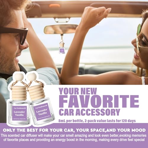 Image of C Classy Hanging Car Air Freshener 2 Pack, Lavender Vanilla Essential Oil Diffuser, Long-Lasting Fragrance, Cute Glass Bottle Car Accessories for Women & Men, Made in USA
