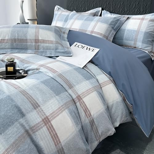 Image of VM VOUGEMARKET Blue Plaid Duvet Cover Queen,3 Pieces Soft Brushed Cotton Duvet Cover Set,Simple Modern Teen Boys Gingham Bedding Set Without Comforter-90x90 Inch