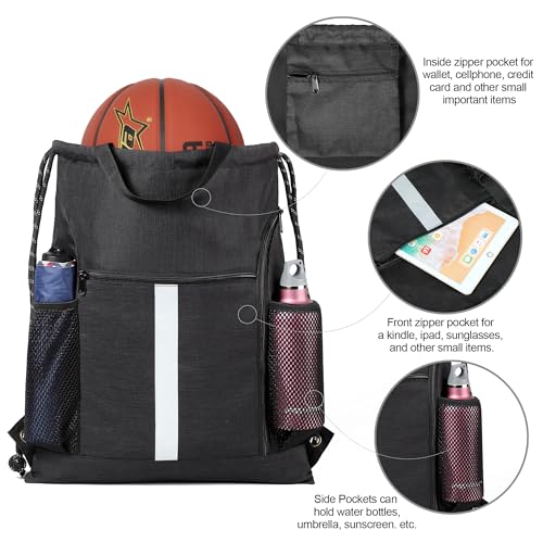 Image of BeeGreen Mix-Black-Drawstring-Backpack-Bag, Large String Sack with Shoe Compartment and Two Side Mesh Pockets Lightweight Sturdy For Gym