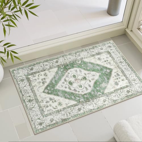 Uphome Green Bath Mat Oriental Boho Bathroom Rugs Farmhouse Soft Plush Washable Toilet Rug Non-Slip Vintage Distressed Rustic Bath Mats for Bathroom Tub Sink Toilet, 20x32 inch by Uphome - Used condition - Image 6