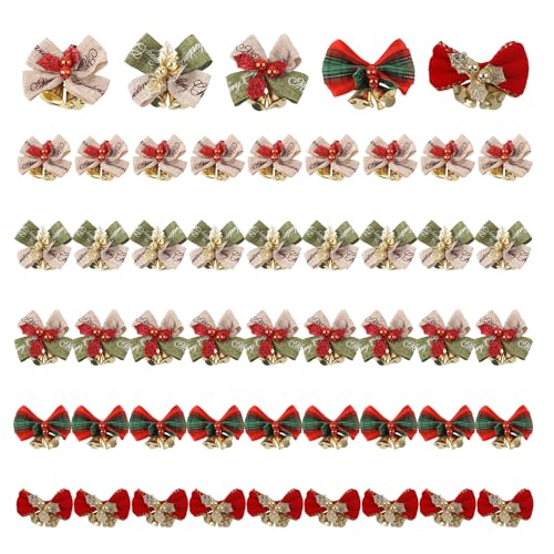 CHENGCKJ 50 Stück Weihnachtsschleife mit Glöckchen Weihnachtsbögen...