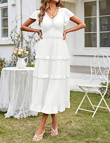 Merokeety Womens Summer Casual V Neck Ruffle Sleeve High Waist Smocked Flowy Midi Dress, White, M #TOP2