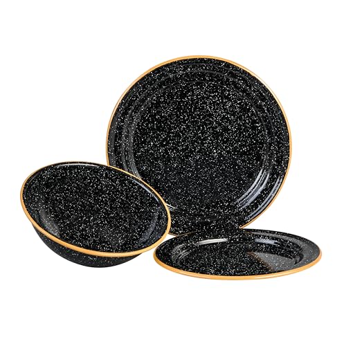 Granite Ware 3-Piece Camping Bowl & Plate Set for Outdoors, Speckled Black - Durable Steel Dinnerware for Outdoor Dining, Backyard Living, Travel Meals - Unbreakable & Reusable for Dinner/Dessert