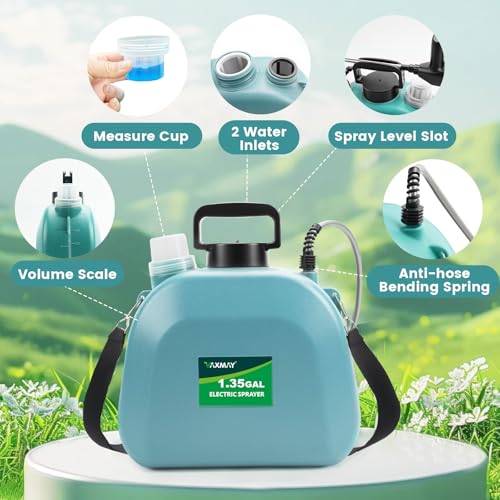 Image of Battery Powered Sprayer 1.35 Gallon, 2026 Electric Garden Sprayer with 3 Adjustable Speeds, 4 Mist Nozzles, Rechargeable Handle, Retractable Wand with Adjustable Shoulder Strap for Weed Lawn(Blue)