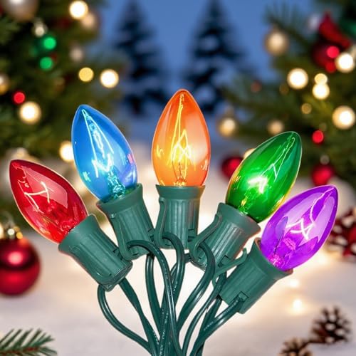 CHYSUPER C7 Multicolor Christmas Lights Outdoor, 25FT Vintage String Lights with 27 Clear Colorful Bulbs for Patio, Garden, Porch Decor, Waterproof Connectable, Classic Incandescent Glow