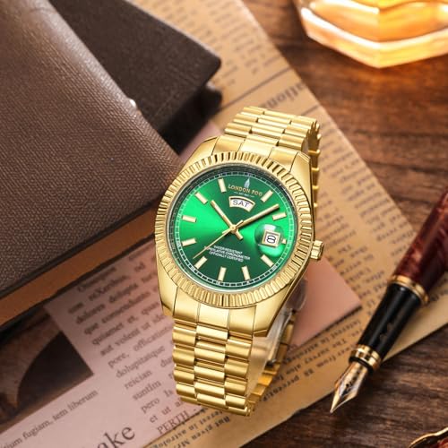 Image of London Fog Oxford Collection Analog Quartz Watch for Men with Round Dial and Stainless Steel Strap, Fluted Metal Case, Day & Date Display, Luminous Hands & Hour Markers & Water Resistant
