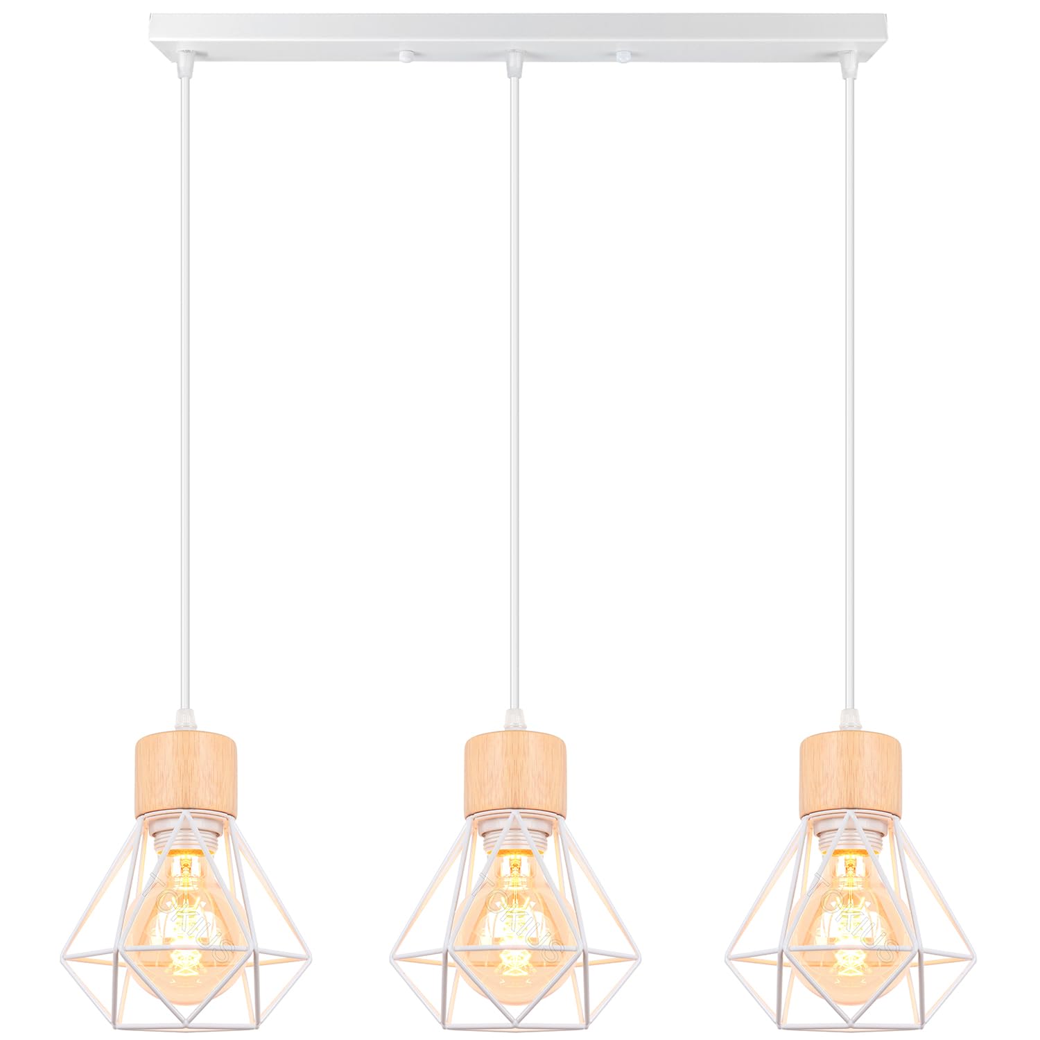 3 Luces Lámpara Colgante Vintage 16CM Retro Lámparas de Techo Diseño de Jaula Blanco Luz Colgante en Madera Hierro E27 Iluminación de Techo de Interior para Comedor Cocina (Araña 3 Luces B)