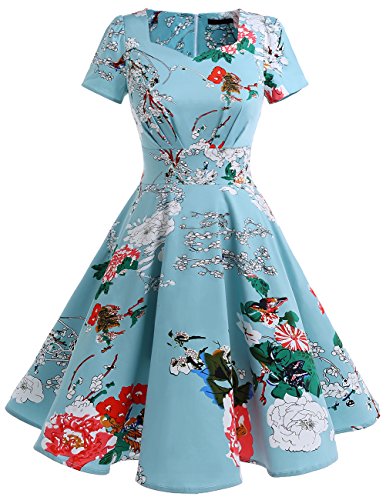 Dresstell(ドレステル) レトロワンピース ロカビリー 半袖 Aライン 膝丈 50年代 お呼ばれ スイングワンピース レディース フローラル Lサイズ