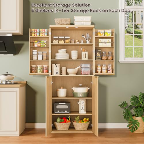 Image of Ball & Cast 72″ Fluted Pantry Cabinet,Versatile Wood Storage Cabinet with 4 Adjustable Shelves,6 Door Shelves,Moden Kitchen Cabinet w /Anti-Tip Safety for Kitchen,Dining Room,Living Room,Natural Oak