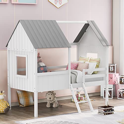Image of Bellemave House Bed for Kids,Low Loft Bed with 2 Windows,Wood Loft Bed Twin with Roof for Kids, Boys, Girls, Teens, Solid Wood Structure, White and Gray