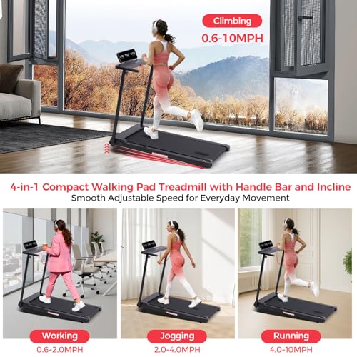 Image of Walking Pad Treadmill with Handle Bar & Incline, 0.6-10MPH Portable Small Treadmills for Home Small, 3.5HP Walking Pad Treadmill with Incline, 400LBS Electric Mini Treadmills for Home Exercising