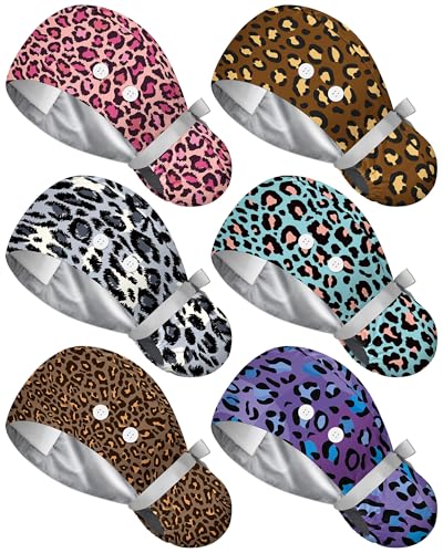 Image of 6 Pc Satin Lined Scrub Caps Women with Buttons Ponytail