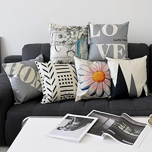 ABESSLON Decorative Farmhouse Throw Pillow Covers, Modern Accent Square Cushion Case 18″ x 18″, Set of 6 Neutral Linen Throw Cushion Covers for Couch Chair Bedroom (18×18 Inch (Pack of 6), Grey)