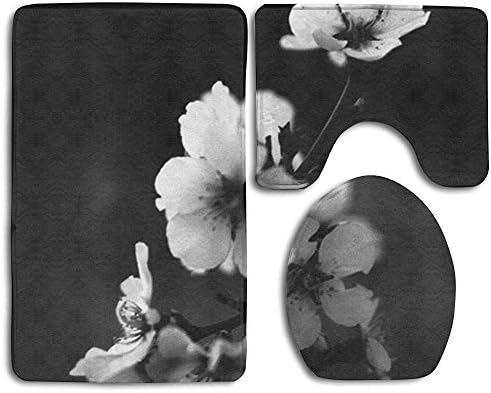 NEW The Plum Blossom In The Black And White World. 3 Piece Bathroom Mats Set Non-Slip Bathroom Rugs/Contour Mat/Toilet Cover