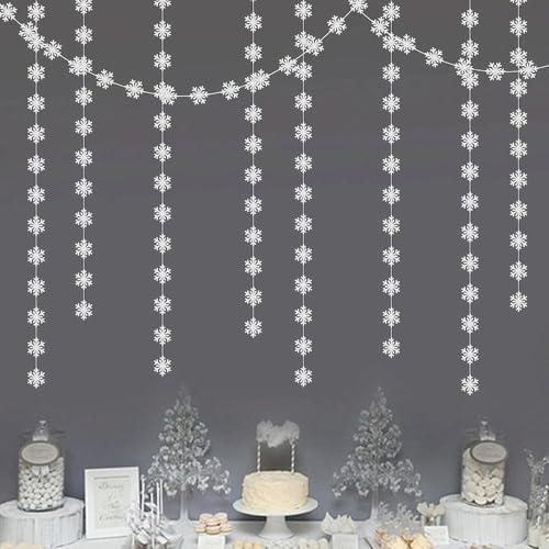 Image of Snowflake-Snow Silver Christmas Party-Decoration Garland - 52ft Frozen Winter Wonderland Ornaments Hanging Paper Streamers,New Years Birthday Baby Shower Wedding Holiday Ceiling Decor Hugfond