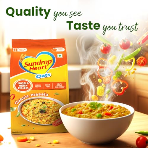 Image of Sundrop Heart Classic Masala Oats with Millets 500 g | 13.3g Protein in 100 g |10g Dietary Fibre in 100g | Anytime Snack | *Helps Reduce Cholesterol