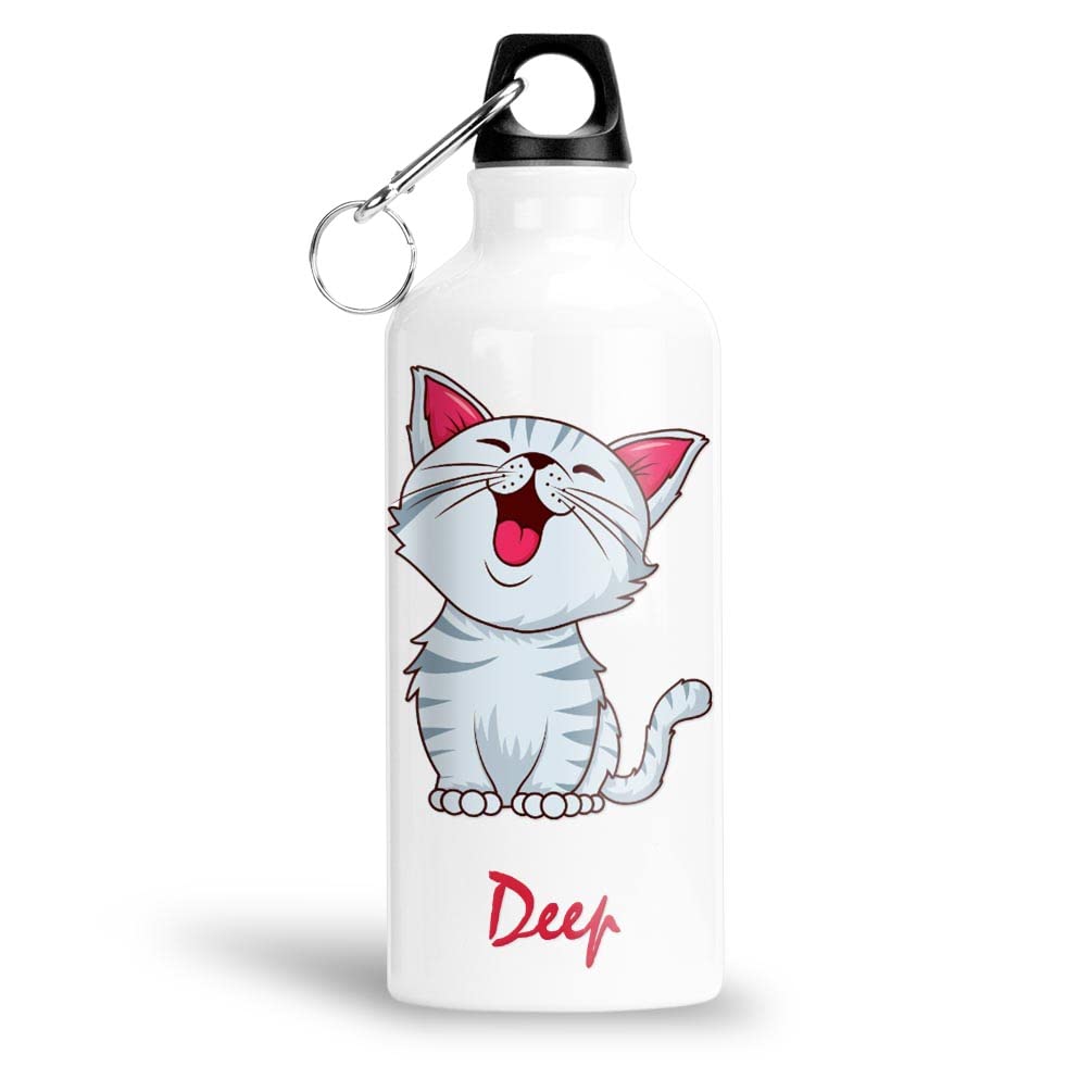 FurnishFantasy Cute Cat Personalised Aluminium 750ml Water Bottle for Kids - Best Birthday Gift for Son, Daughter, Brother, Sister, Return Gift for kids - Color - White, Name - Deep