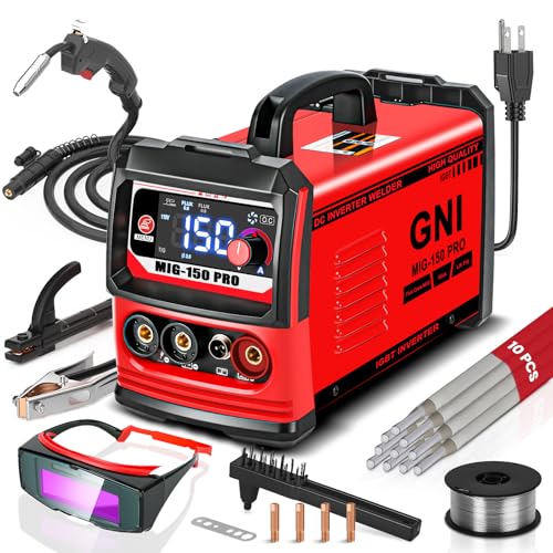 GNI Multiprocess Welder, MIG/TIG/Stick Welding Machine, IGBT Inverter Portable MINI Welder Machine 110V, Beginner-Friendly MIG Welder with Auto-Darkening Goggles, 150A Flux Core Welder for Home DIY
