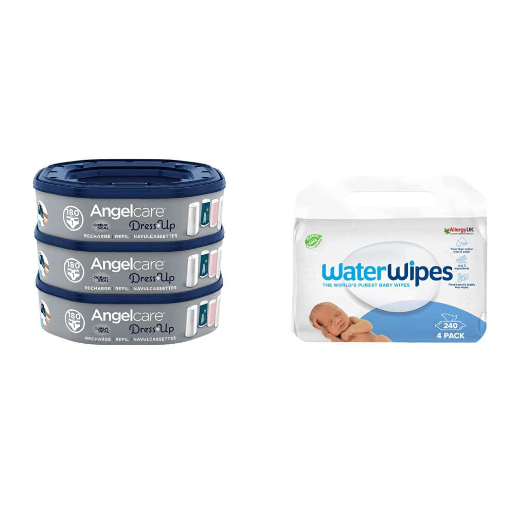 Angelcare - Dress Up - Recharges Octogonales pour Poubelle à Couche Dress up/Essential - Lot de 3 & Lingettes bébé Originales sans plastique WaterWipes, 240 pièces à base d’eau à 99,9% et sans parfum