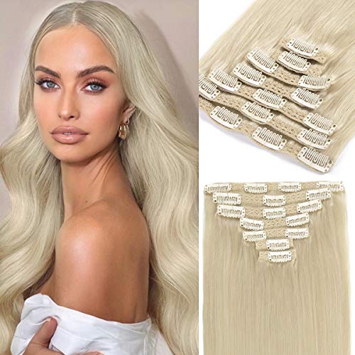 Loxxy 22 Inch Platinum Blonde Double Weft 100% Remy Human Hair Extensions Clip in Human Hair 9A Grade Brazilian Human Hair Extension Thick Silky Straight Clip in Human Hair Extensions #60A 140g 7 pcs