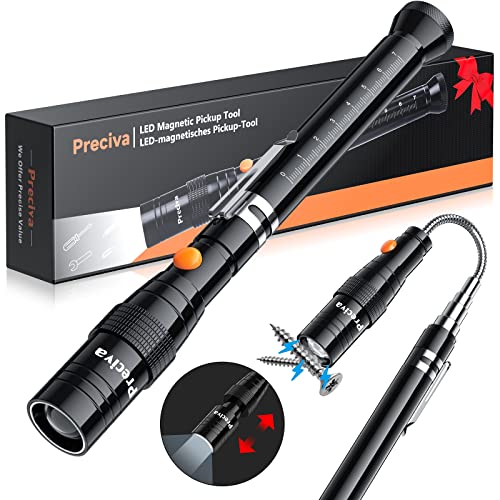 Outil de Ramassage Magnétique Télescopique avec 3W Phare, Preciva Lampe de Poche Magnétique Pick Up Stick, Poignée et Echelle Pivotantes Extensibles à 360°, Cadeau pour Père, Mari, etc Cover