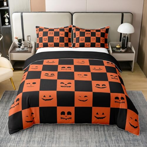 Homewish Halloween Schach Orange Schwarz Bettbezug 200x200 Baumwolle Plaid Festival Bettwäsche Geistlicher Gotischer Kawaii Bedding Jugendliche Mädchen Jungen Kinder Bettwäsche Set Weich 3 teilig