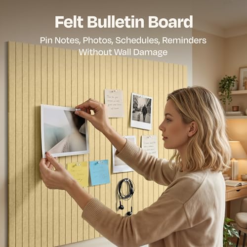 Image of X-Large Cork Board Alternative 12-Pack Felt Bulletin Board Thick and Decorative Pin Board for Home Office Walls 47.24 x 35.43 Inches with 72 Adhesive Tabs - [Cancun Sand]