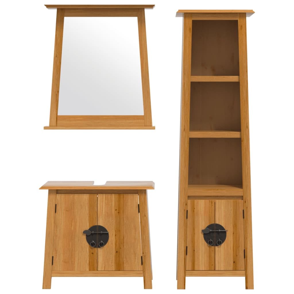 3-częściowy zestaw mebli łazienkowych z litego drewna sosnowego z lustrem i pojemnym schowkiem, organizer na przybory toaletowe, rustykalny design z metalowymi uchwytami