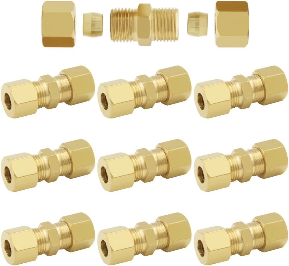 Hooshing 10PCS Brass Compression Tube Fitting 1/8" OD x 1/8" OD Connector