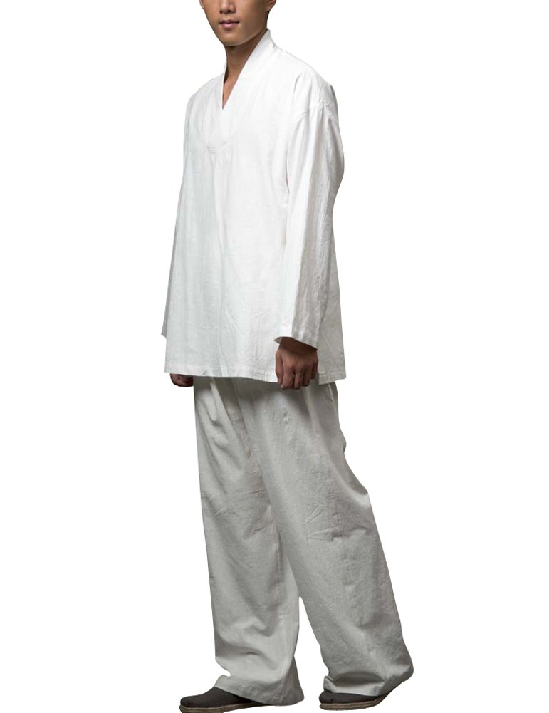 KATUOBuddhist Monk Men Shirt Casual V-Neck Cotton Shirt Plus Size