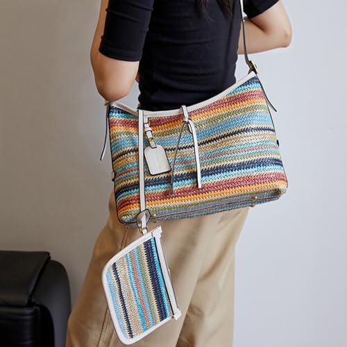 Bolso bandolera de rafia con rayas coloridas miniatura 5