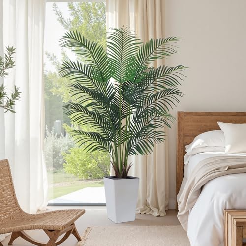 Artificial Palm Tree with White Tall Planter, 6ft Tall Potted Artificial Silk Palm Tree Plant, Fake Tropical Plant, Home Office Floor Room Decor Plants Indoor Outdoor, Housewarming Gift by FLOWORLD - Used condition - US$68.86