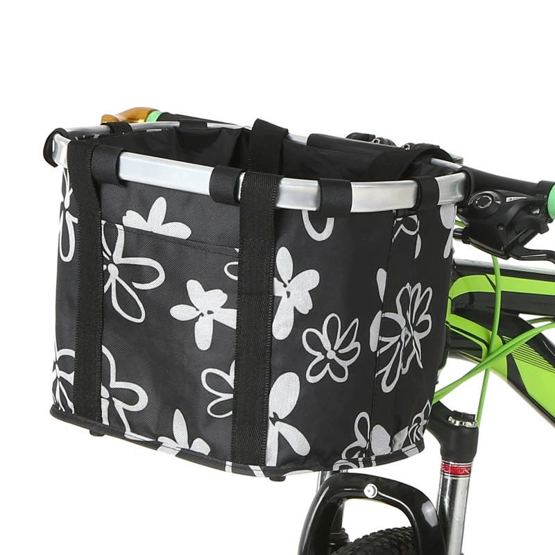 Kkekos Bike Basket Detachable Waterproof Bike Front Basket Foldable Cargo Carrier for Mountain Bike with 12LBS Payload Capacity Pet Carrier Easy Installation (Black White Flower)