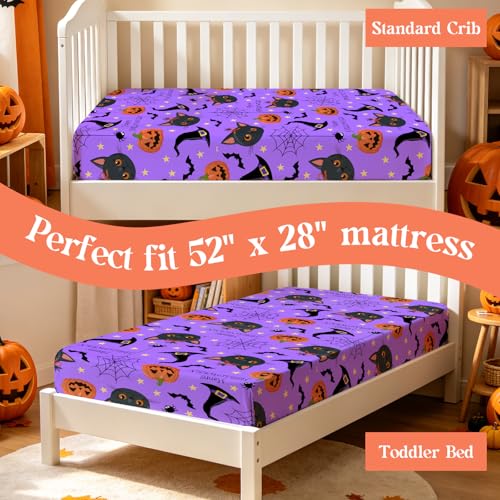 Image of JISEN Halloween Crib Sheet Soft Breathable Cat Pumpkin Fitted Crib Sheets for Standard Crib and Toddler Mattress Baby Bed Sheets for Boys Girls Neutral 52x28 Inch Purple