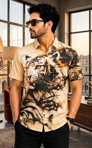 Image of Men's Watercolor Lion Print Button-Down Shirt, Short Sleeve, Casual Summer Wear, White