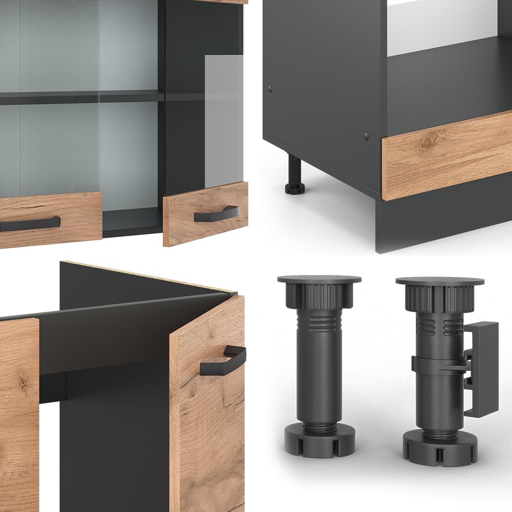 Vicco Cocina esquinera R-Line, Roble Dorado/Antracita, 287 x 227 cm | 12 Módulos Patas ajustables sin encimera Frente robusto, 2 Cajones